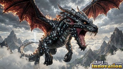 Above cloudy mountains, a dark scaled dragon roars with open fiery wings