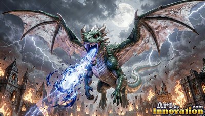 Breathing blue fire, a green dragon flies over burning stone towers in a lightning storm