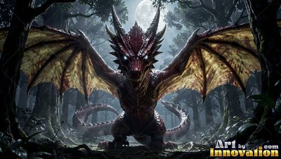 Red dragon spreads its wings in a shadowy woods under moonlight