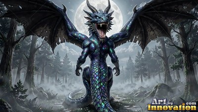 Dark iridescent scales cover a roaring dragon spreading its wings in a misty forest under a full moon