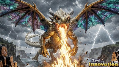 A winged dragon breathes fire on rocky shores under flashes of white lightning