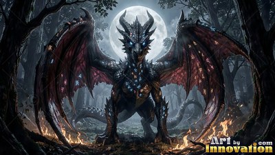 Facing forward, a dark dragon with horns spreads its wings in a deep dark woods under a bright full moon