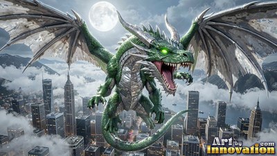 A green dragon spreads wide wings over a modern city under a full moon
