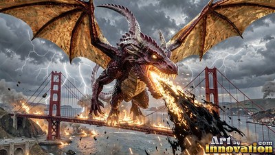 On a red suspension bridge, a winged dragon breathes fire beneath a stormy sky