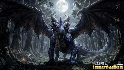 Spreading its wings, a blue dragon crouches in a dark forest under a full moon