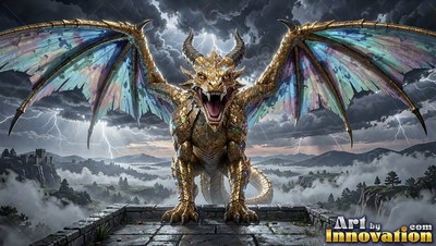 Golden dragon roaring with open wings in a lightning storm