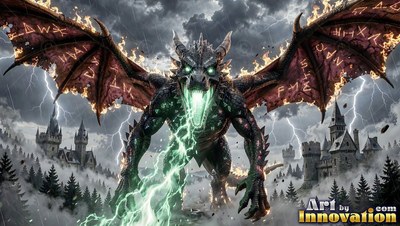 Flaming wings spread wide on a large-horned dragon spitting lightning over stone castles