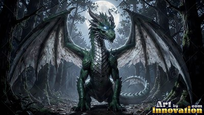 A green scaled dragon perches on dim forest ground with wings spread beneath pale moonlight