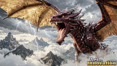 Roaring with wings spread wide over snowy mountains and lightning strikes