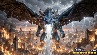 A winged dragon breathes white fire over a burning stone town under lightning storms