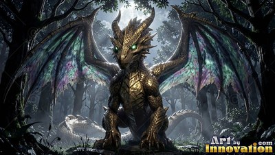 In a shadowy woods, a golden dragon sits with spread wings and green eyes