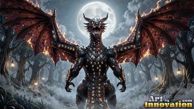 Spreading fiery wings, a black dragon lets out a roar in a forest at night beneath a full moon