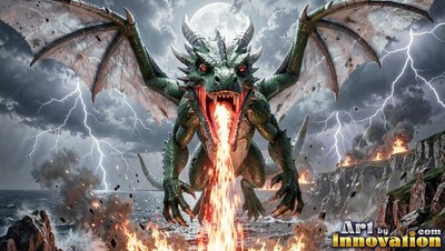 Green dragon breathing fire during a lightning storm by the sea