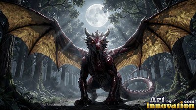 Wide leathery wings spread from a red dragon standing in a dim forest beneath a bright round moon