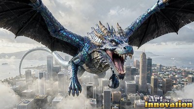 A blue-scaled dragon glides through the air over city skyscrapers with shiny scales in the pale daylight
