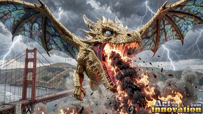 Flying over a red suspension bridge, a golden dragon spews fire in a storm