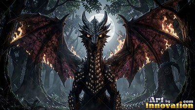 A dark dragon spreads flaming wings in a moonlit night forest