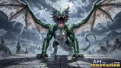 On a stone ledge during a lightning storm, a green dragon opens its mouth to roar with open wings