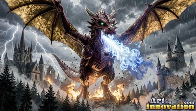 Breathing white frost, a winged dragon stands above a burning forest near stone castles