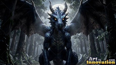 Dark dragon spreading wings in a forest under the moon