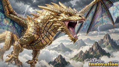 Metallic gold scales cover a roaring dragon flying over clouds and mountains in a storm