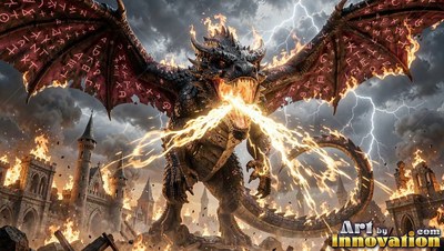 A winged dragon breathes fire above burning castle ruins under white lightning flashes