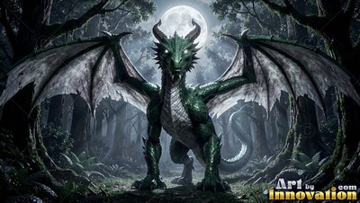Standing with wings spread wide in a deep dark woods, a green dragon faces front