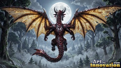 A horned dragon moves through the air on open wings with open wings toward a bright full moon above misty pine trees
