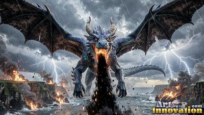 Above stormy sea cliffs, a blue winged dragon breathes black smoke in lightning