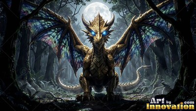 Perched under a moon, a golden dragon opens stained-glass wings in a dark forest