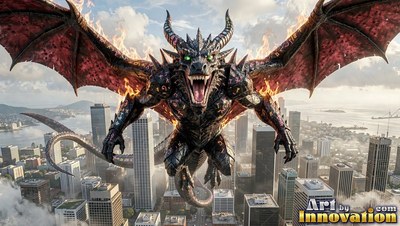 Black horned dragon with fiery wings roaring above a city