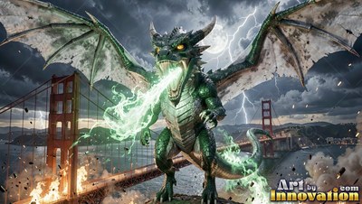Green scales cover a dragon breathing green fire over a bridge during a storm