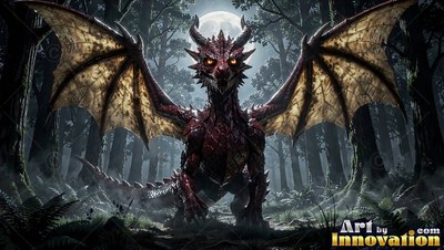 A dragon crouches with wings spread wide under cool moonlight