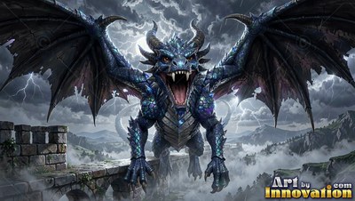 Perched head-on on a stone wall, a blue dragon roars under storm clouds