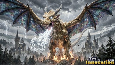 A gold dragon breathes white mist above castles in a dark lightning storm