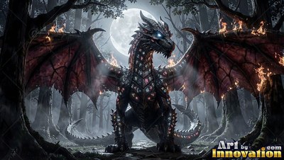 In a dim forest under a round moon, a black dragon spreads its fiery wings