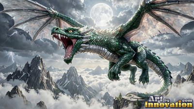 Roaring with wings spread wide, a green dragon moves through the air on open wings over misty mountains under a round moon