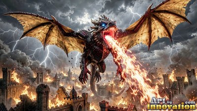 A dragon breathes fire over burning stone towers during a storm