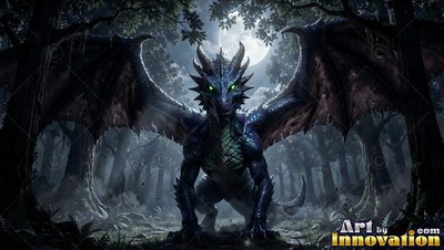 Green eyes shine on a dark dragon with blue scales spreading its wings in a dim forest under a bright round moon
