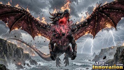 A winged dragon opens its mouth to roar above stormy sea cliffs with flames on its dark scales