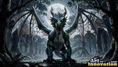 Facing forward with spread wings, a green dragon stands in a forest at night under a round moon