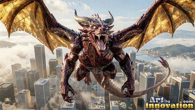 A reddish-brown dragon gives a loud roar as it flies over city skyscrapers in morning sunlight