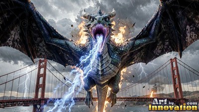 Above a red suspension bridge, a winged dragon breathes lightning in a storm