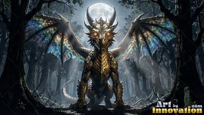 Spreading wide wings under a full moon, a golden dragon sits in a dark forest