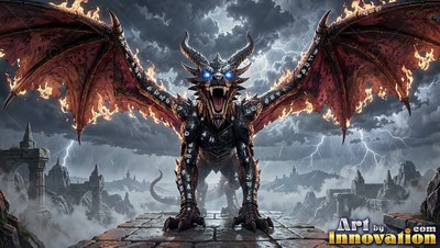 A roaring black dragon with burning wings under a stormy sky