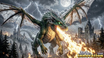 Green scales cover a dragon breathing fire under a stormy sky near stone castles