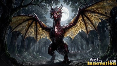 A red dragon spreads its wings in a forest at night, lit by a bright full moon