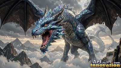 Roaring forward, a blue scaly dragon walks above clouds over rocky peaks