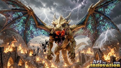 A golden dragon snarls with an open mouth over burning stone ruins during a lightning storm
