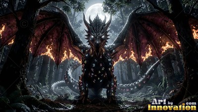 In a shadowy woods under a bright full moon, a black dragon spreads fire-edged wings